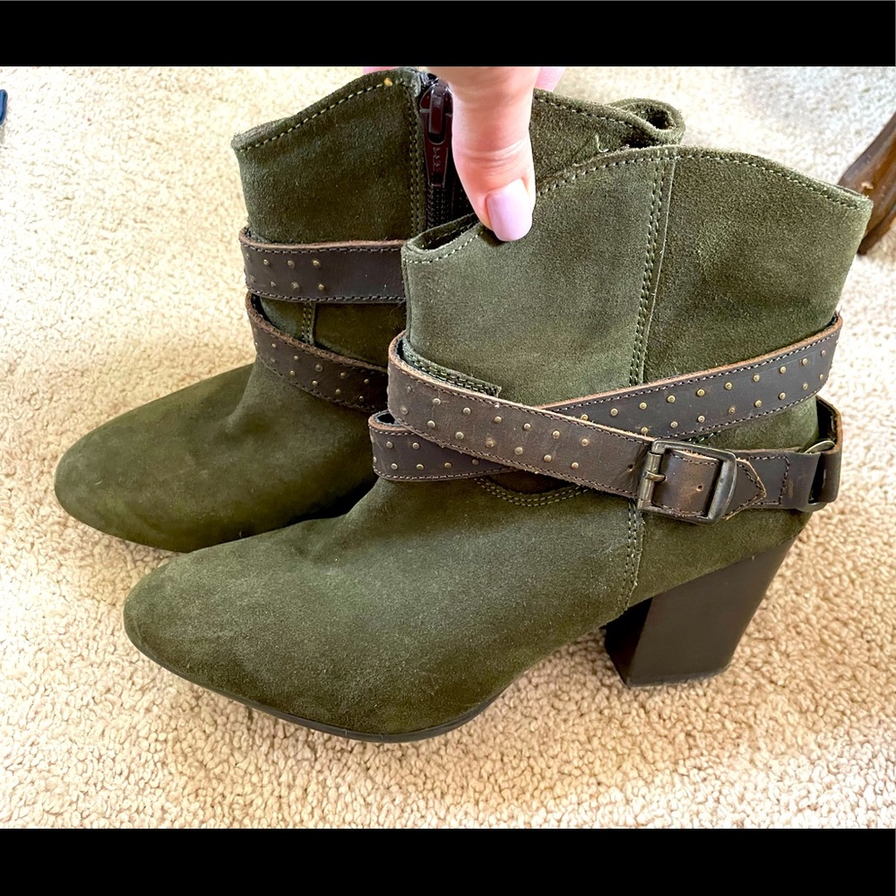 Women’s Diba Army Green Suede with Brown Leather Strap Booties